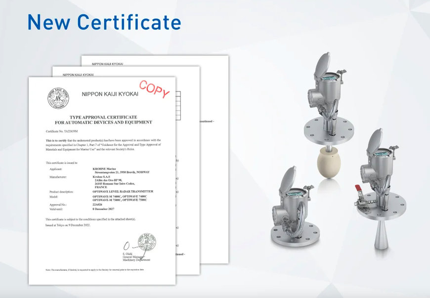 KROHNE'S OPTIWAVE RADAR LEVEL TRANSMITTERS AWARDED CLASS NK MARINE TA CERTIFICATE